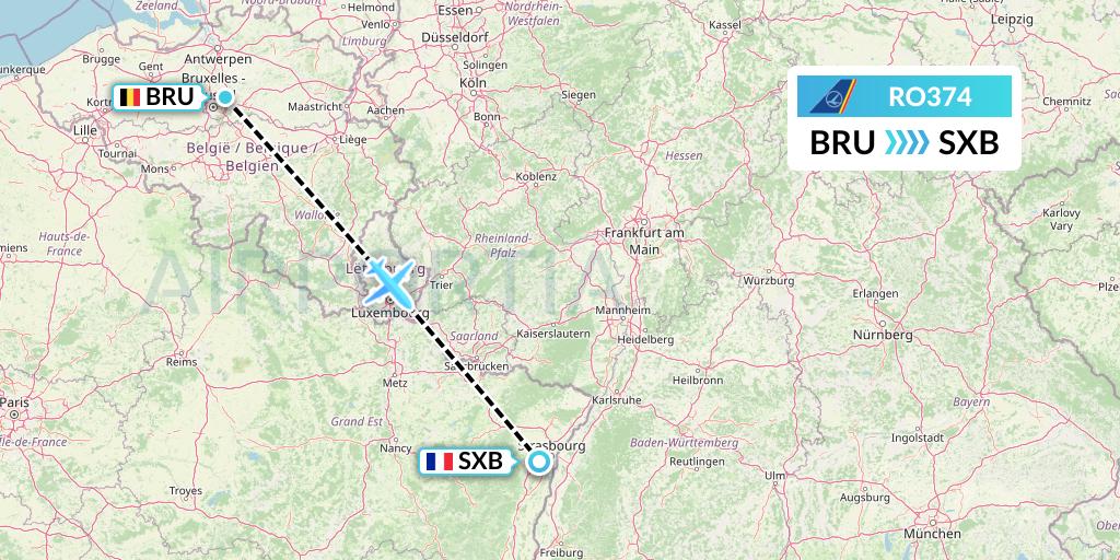 RO374 Tarom Flight Map: Brussels to Strasbourg