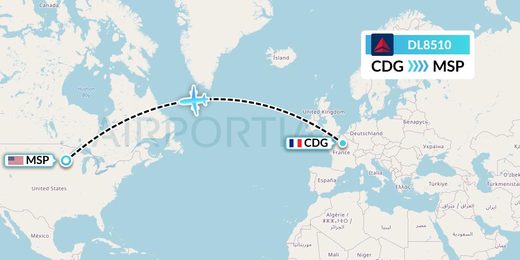 DL8510 Delta Air Lines Flight Map: Paris to Minneapolis