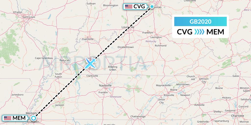GB2020 ABX Air Flight Map: Cincinnati to Memphis