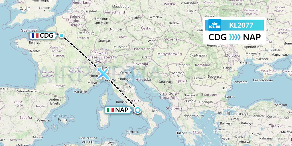 KL2077 KLM Flight Map: Paris to Naples