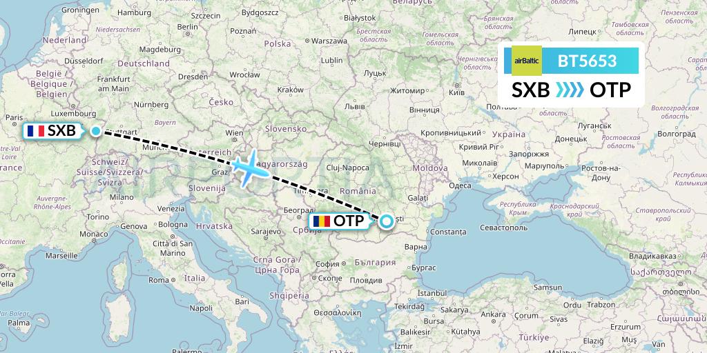 BT5653 Air Baltic Flight Map: Strasbourg to Bucharest