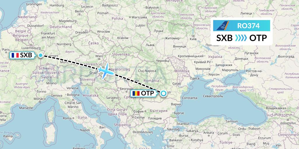 RO374 Tarom Flight Map: Strasbourg to Bucharest