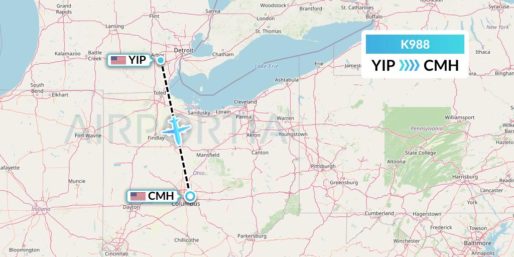 K988 Kalitta Charters Flight Map: Detroit to Columbus