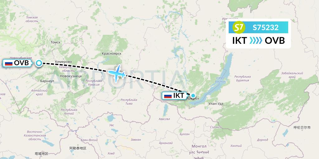 S75232 S7 Airlines Flight Map: Irkutsk to Novosibirsk