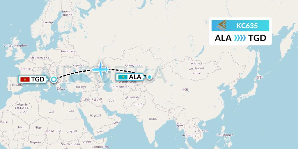 KC635 Air Astana Flight Map: Almaty to Podgorica