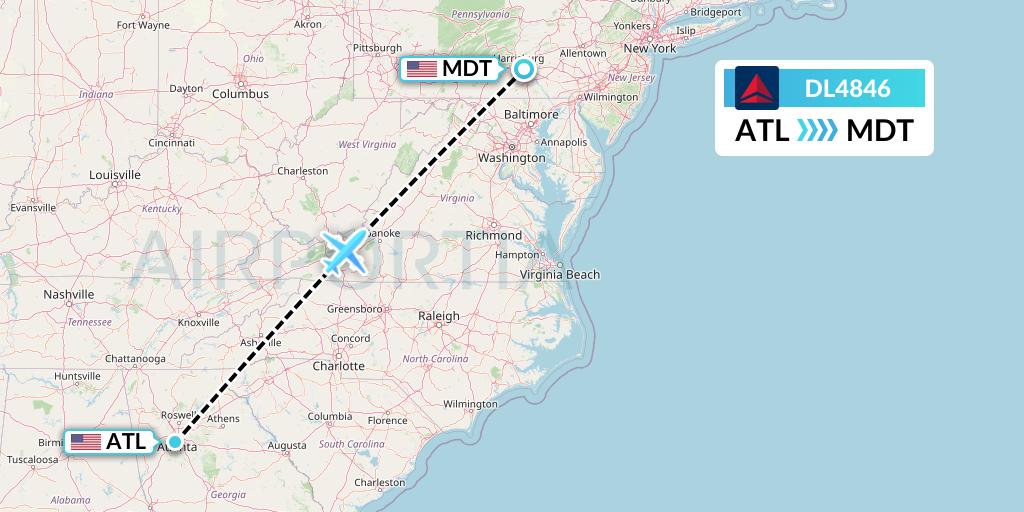 DL4846 Delta Air Lines Flight Map: Atlanta to Harrisburg