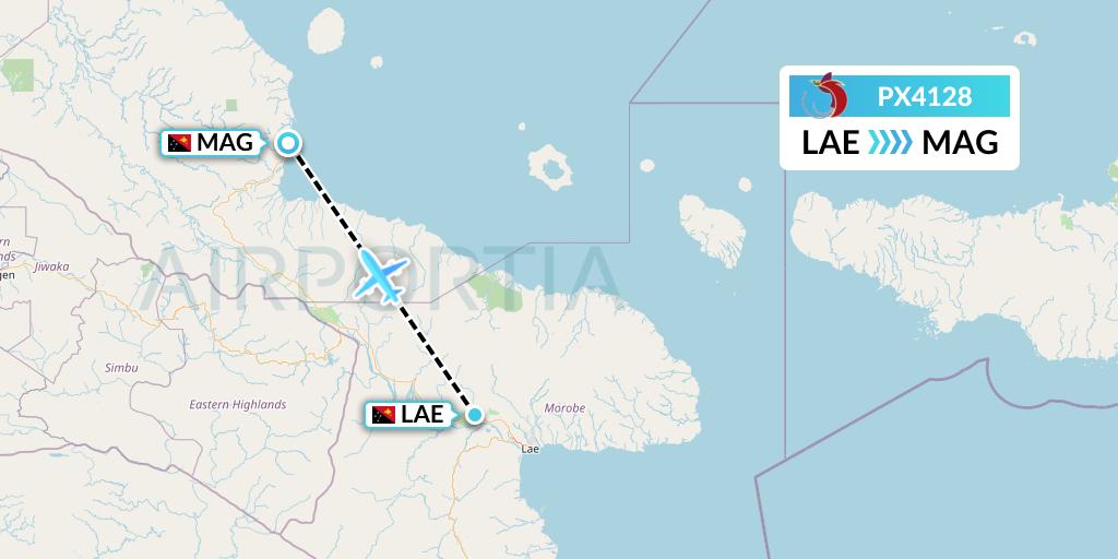 PX4128 Air Niugini Flight Map: Lae to Madang