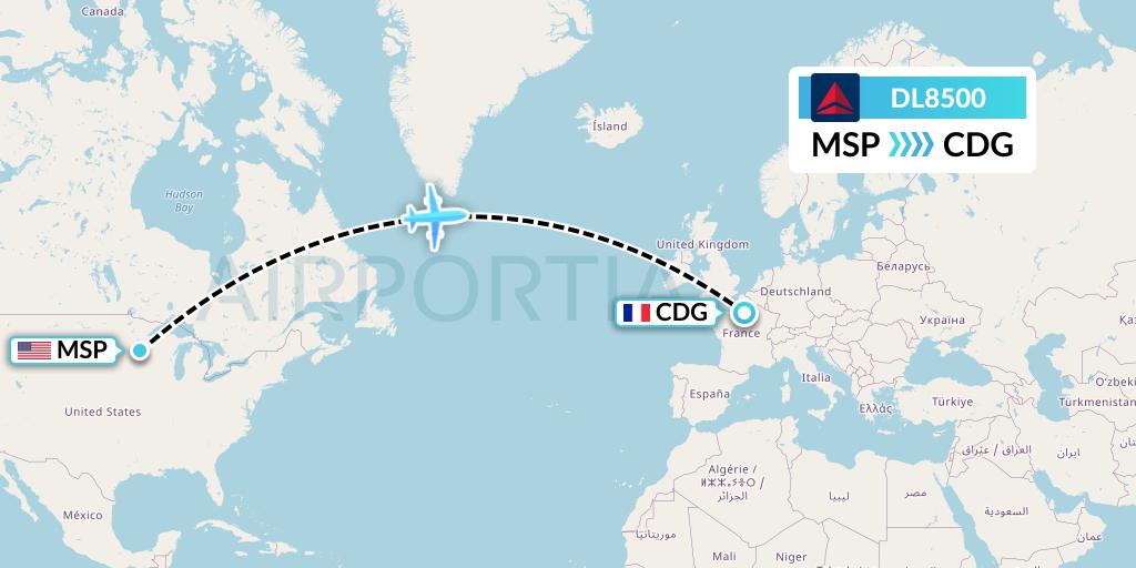 DL8500 Delta Air Lines Flight Map: Minneapolis to Paris