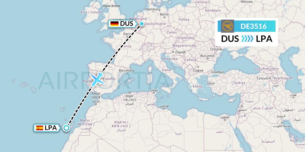 DE3516 Condor Flight Map: Dusseldorf to Las Palmas
