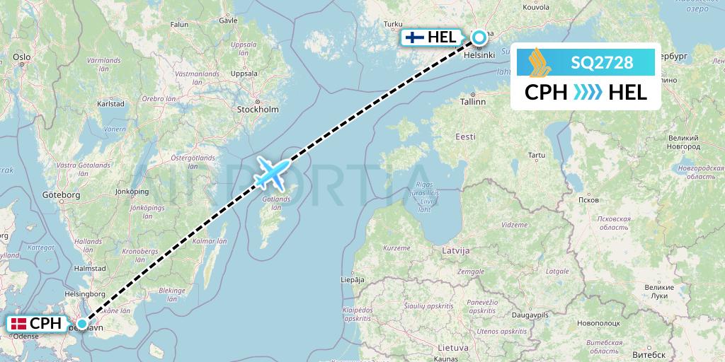 SQ2728 Singapore Airlines Flight Map: Copenhagen to Helsinki