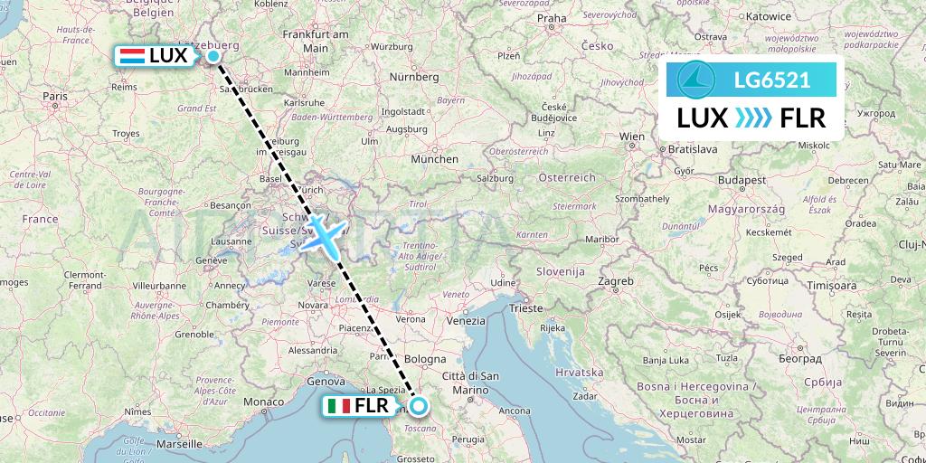 LG6521 Luxair Flight Map: Luxembourg to Florence