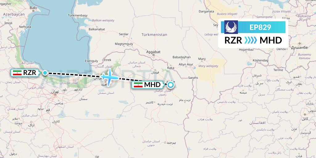 EP829 Iran Aseman Airlines Flight Map: Iran to Mashhad