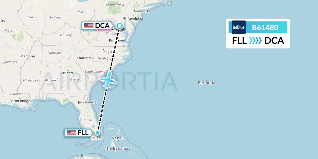 B61480 JetBlue Airways Flight Map: Fort Lauderdale to Washington