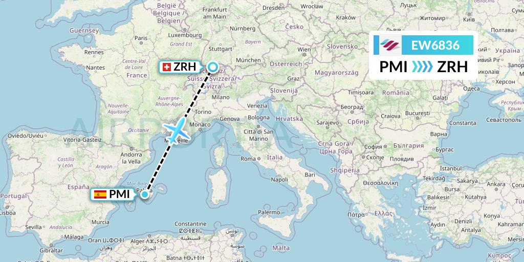EW6836 Eurowings Flight Map: Palma de Mallorca to Zurich