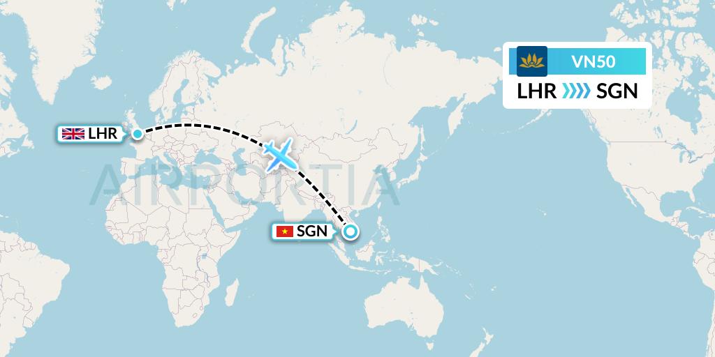 VN50 Vietnam Airlines Flight Map: London to Ho Chi Minh City