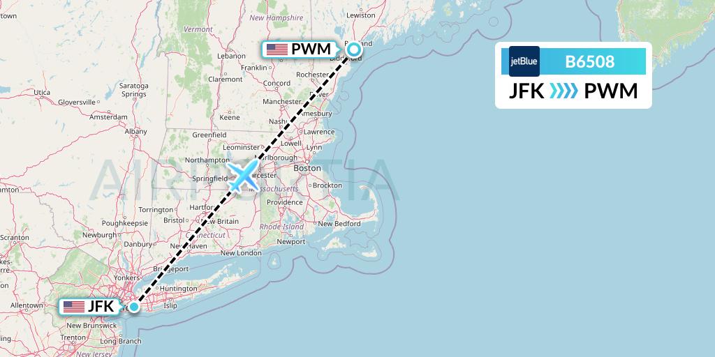 B6508 JetBlue Airways Flight Map: New York to Portland