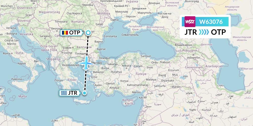 W63076 Wizz Air Flight Map: Santorini to Bucharest