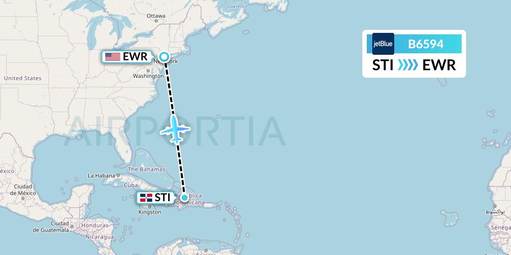 B6594 JetBlue Airways Flight Map: Santiago de los Caballeros to New York