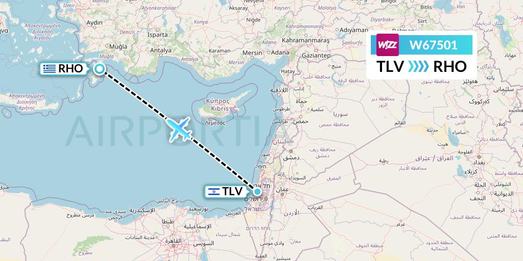 W67501 Wizz Air Flight Map: Tel Aviv to Rhodes