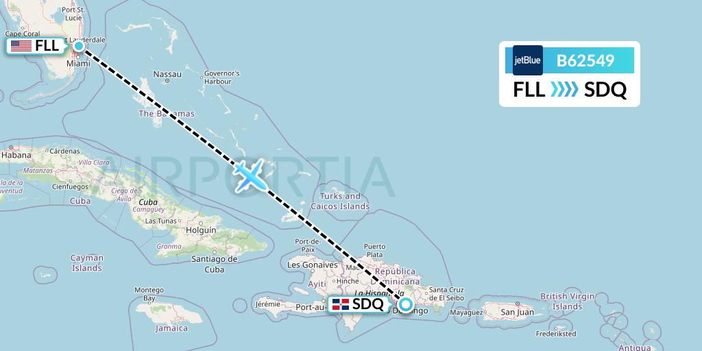 B62549 JetBlue Airways Flight Map: Fort Lauderdale to Santo Domingo