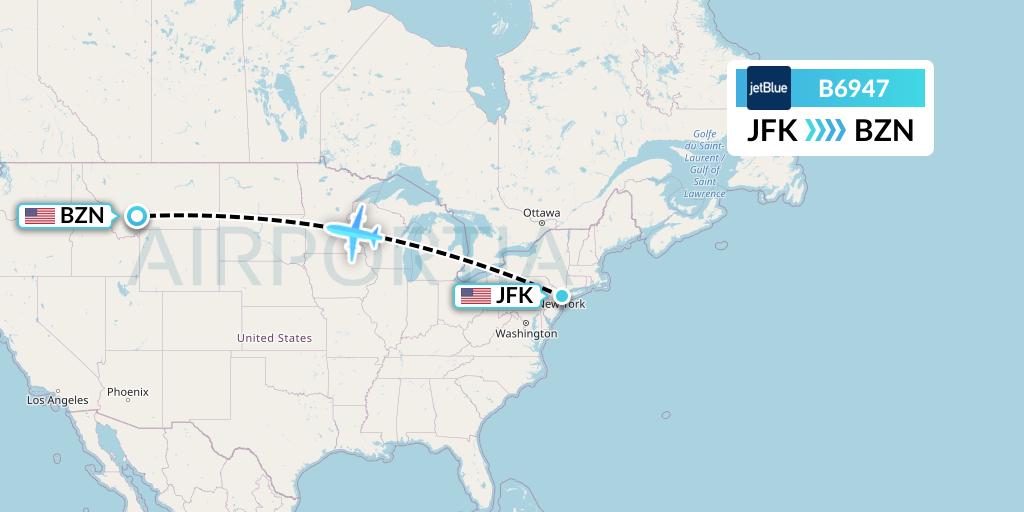 B6947 JetBlue Airways Flight Map: New York to Bozeman