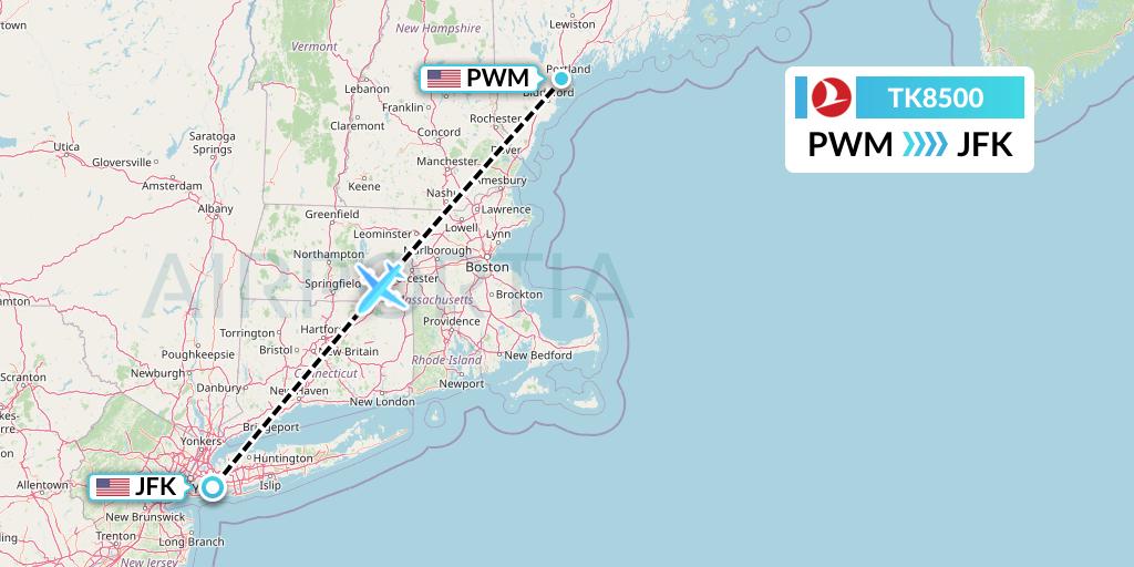 TK8500 Turkish Airlines Flight Map: Portland to New York