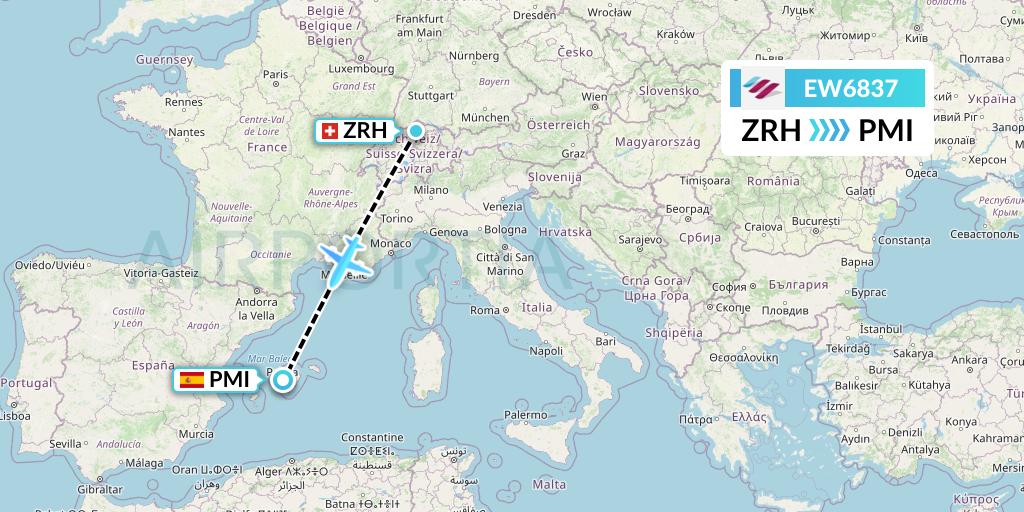 EW6837 Eurowings Flight Map: Zurich to Palma de Mallorca