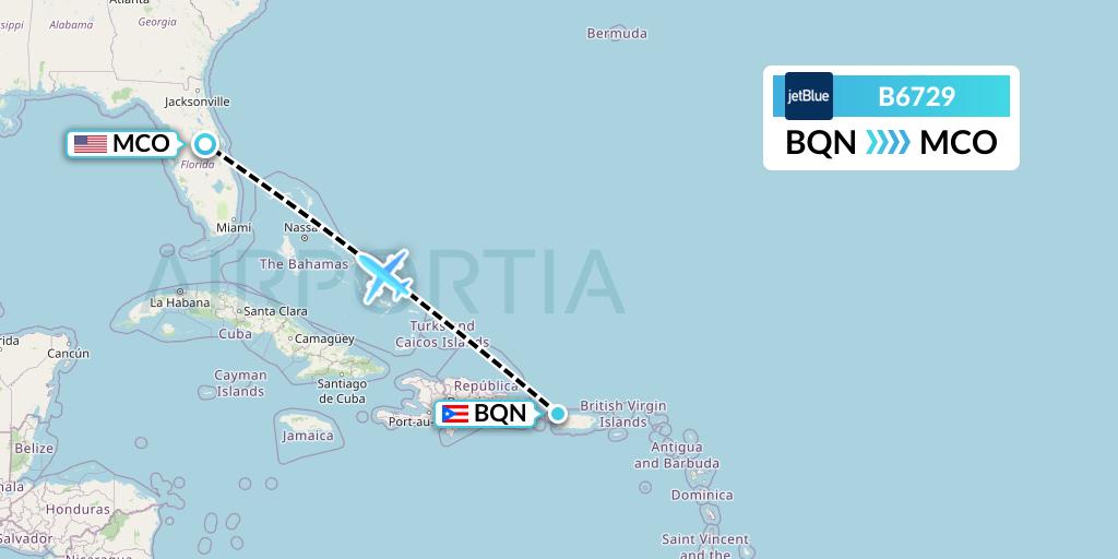 B6729 JetBlue Airways Flight Map: Aguadilla to Orlando