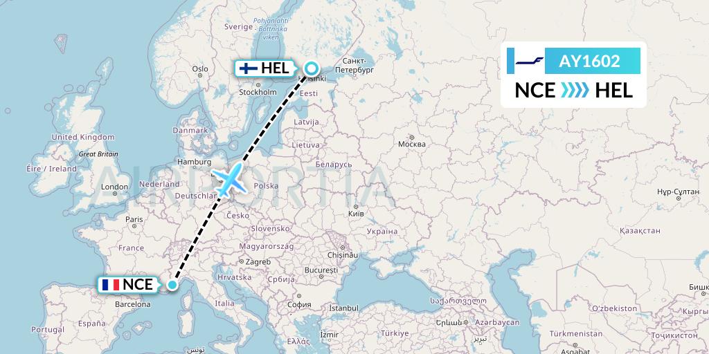 AY1602 Finnair Flight Map: Nice to Helsinki