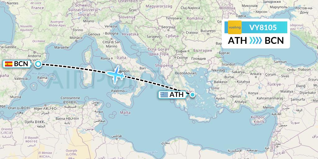 VY8105 Vueling Flight Map: Athens to Barcelona