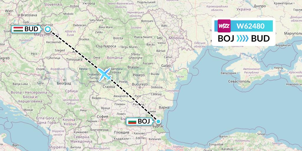 W62480 Wizz Air Flight Map: Burgas to Budapest