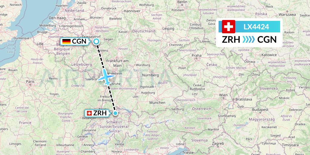 LX4424 Swiss Flight Map: Zurich to Cologne