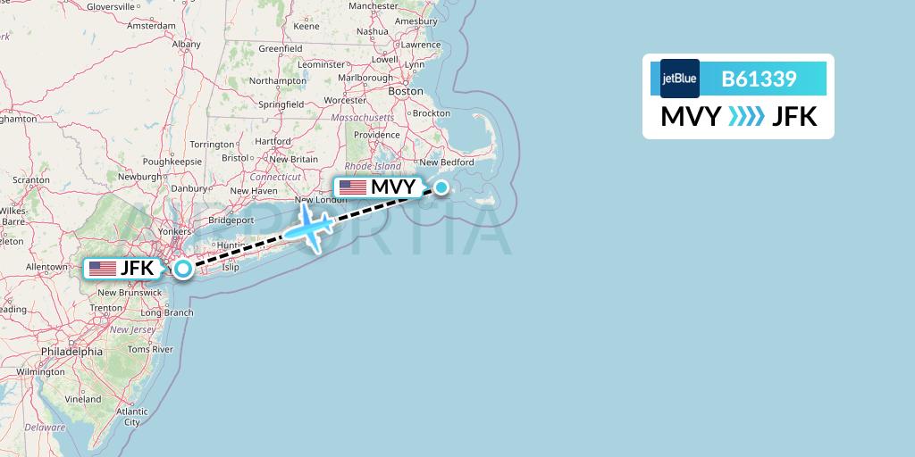 B61339 JetBlue Airways Flight Map: Martha's Vineyard to New York