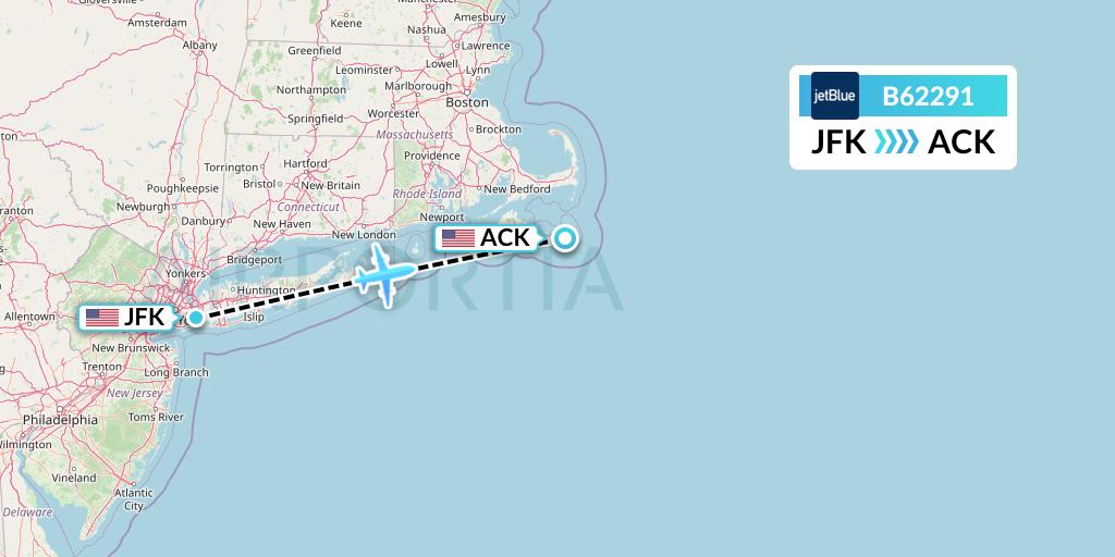 B62291 JetBlue Airways Flight Map: New York to Nantucket