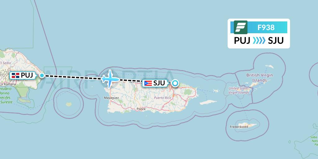 F938 Frontier Airlines Flight Map: Punta Cana to San Juan