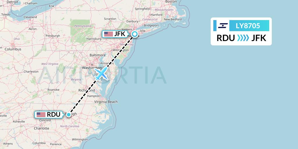 LY8705 El Al Flight Map: Raleigh-Durham to New York