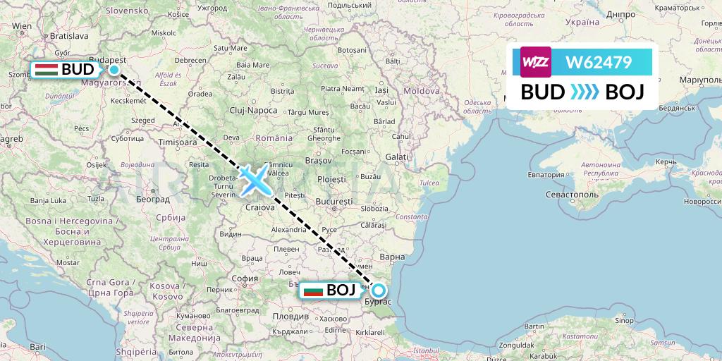 W62479 Wizz Air Flight Map: Budapest to Burgas