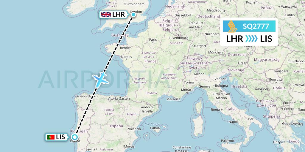 SQ2777 Singapore Airlines Flight Map: London to Lisbon