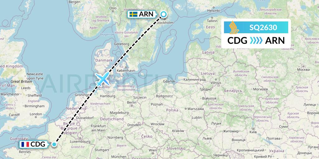 SQ2630 Singapore Airlines Flight Map: Paris to Stockholm
