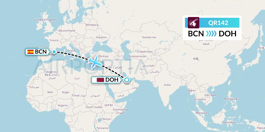 QR142 Qatar Airways Flight Map: Barcelona to Doha