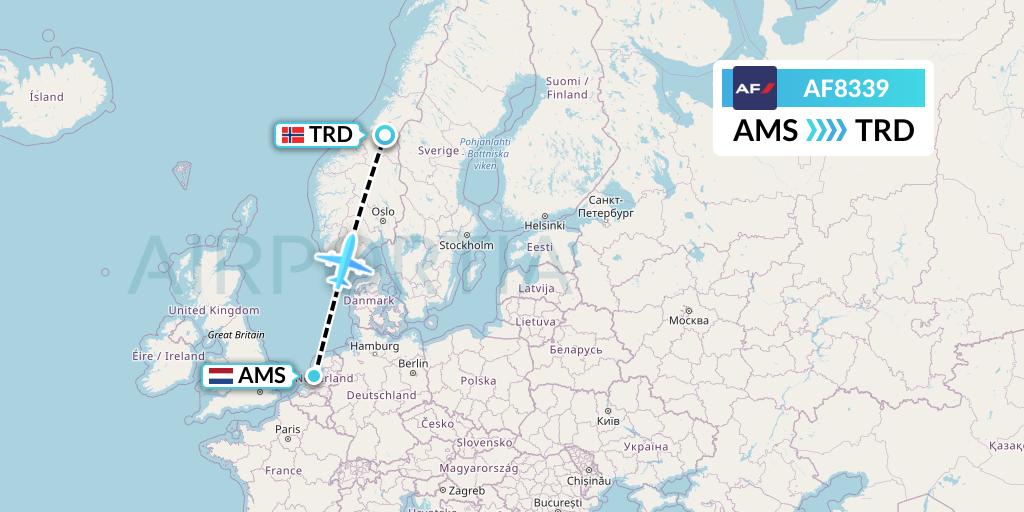 AF8339 Air France Flight Map: Amsterdam to Trondheim