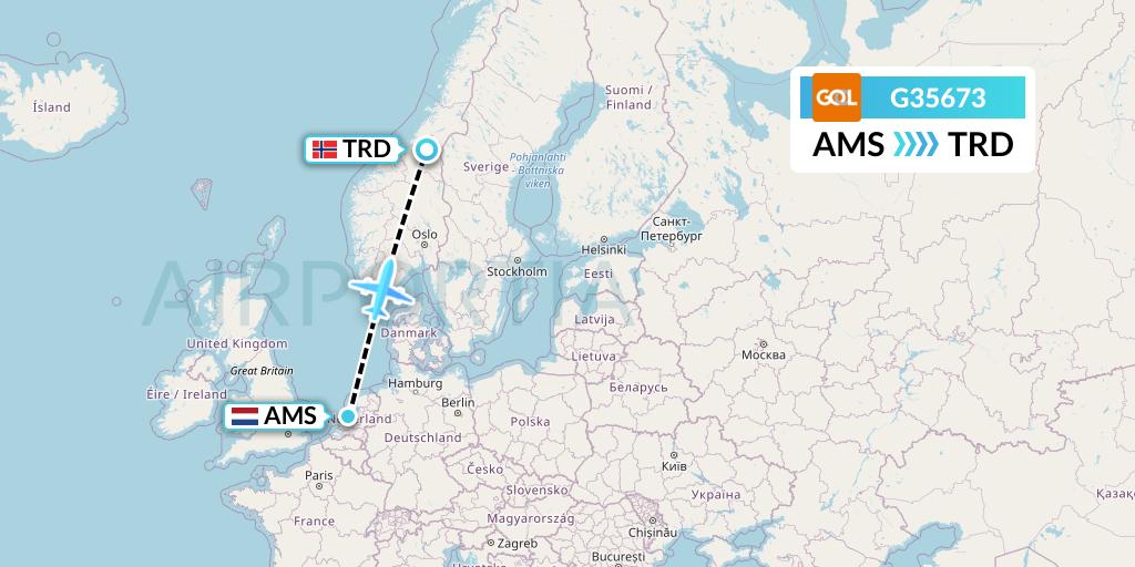 G35673 GOL Transportes Aeros Flight Map: Amsterdam to Trondheim
