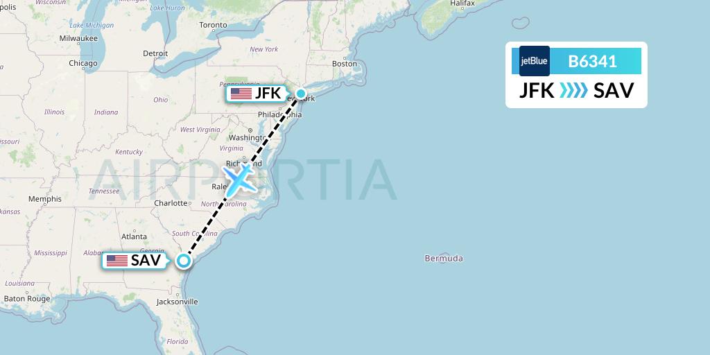 B6341 JetBlue Airways Flight Map: New York to Savannah