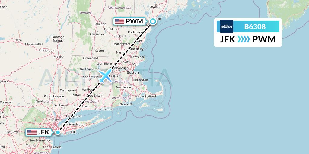 B6308 JetBlue Airways Flight Map: New York to Portland