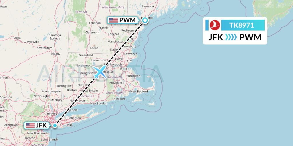 TK8971 Turkish Airlines Flight Map: New York to Portland