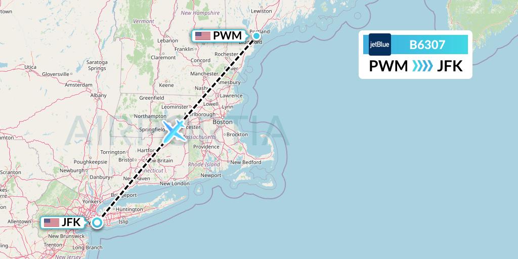 B6307 JetBlue Airways Flight Map: Portland to New York