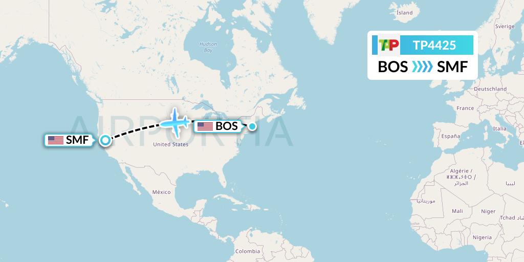 TP4425 TAP Portugal Flight Map: Boston to Sacramento