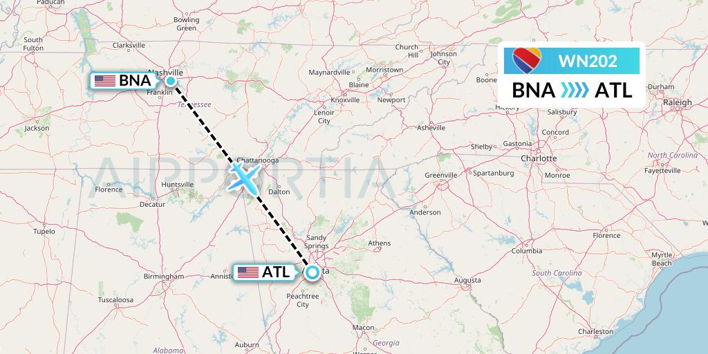 WN202 Southwest Airlines Flight Map: Nashville to Atlanta