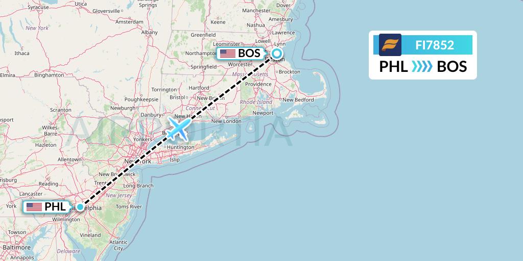 FI7852 Icelandair Flight Map: Philadelphia to Boston