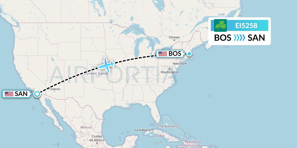 EI5258 Aer Lingus Flight Map: Boston to San Diego